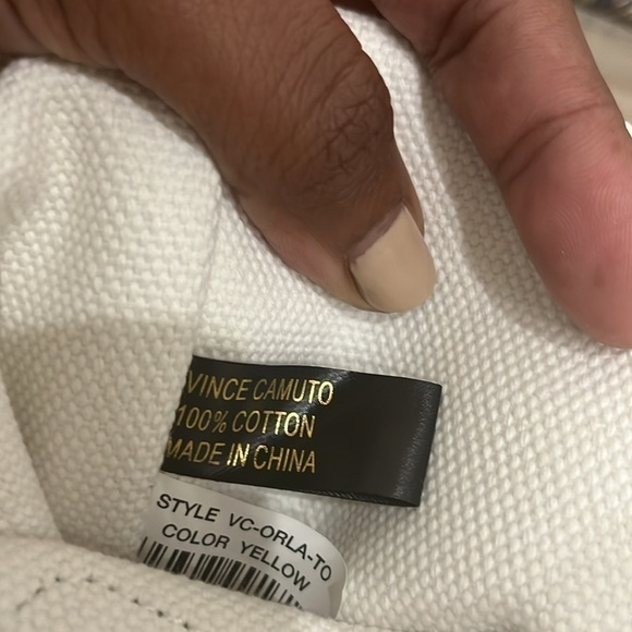 VINCE CAMUTO Orla Canvas Tote Blue Yellow with swingy tassel charms tropical - Picture 11 of 14